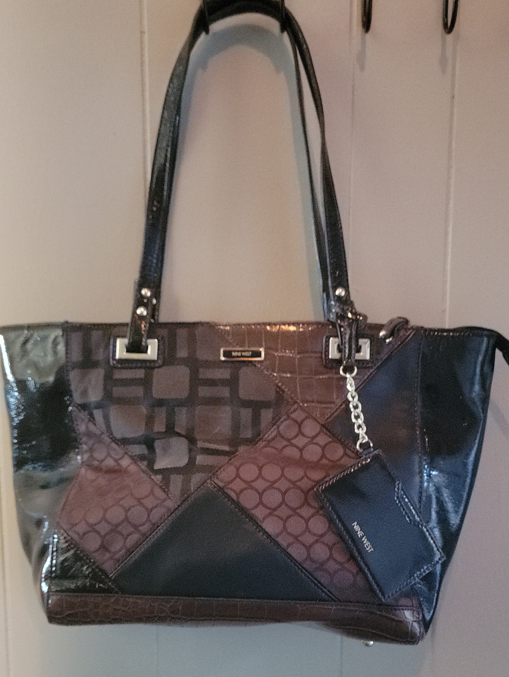 Nine West Brown and Black Patchwork Shoulder Bag with Attached Cardholder